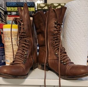 Faux Leather Lace Up Boots With Zipper